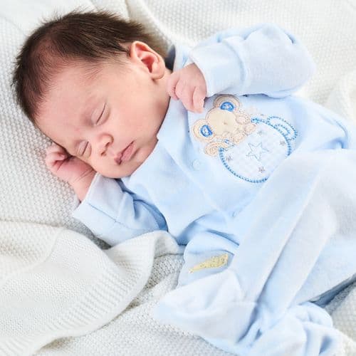 Dandelion Prem Mouse In A Teacup Velour Sleepsuit Blue AV1202