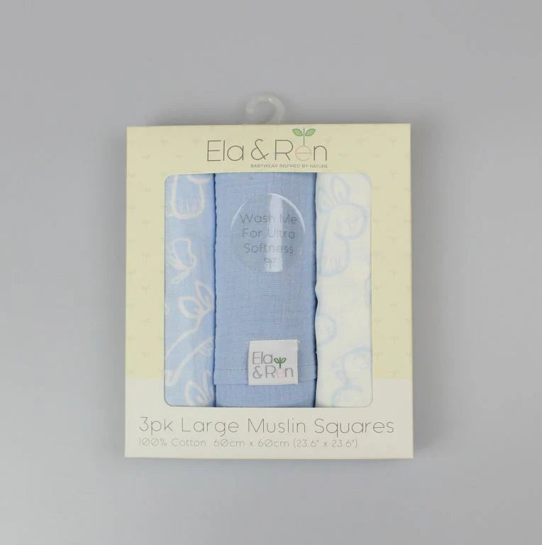 Ela & Ren 3 Pack Large Muslin Squares Blue