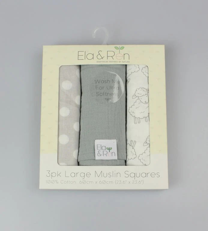 Ela & Ren 3 Pack Large Muslin Squares Grey