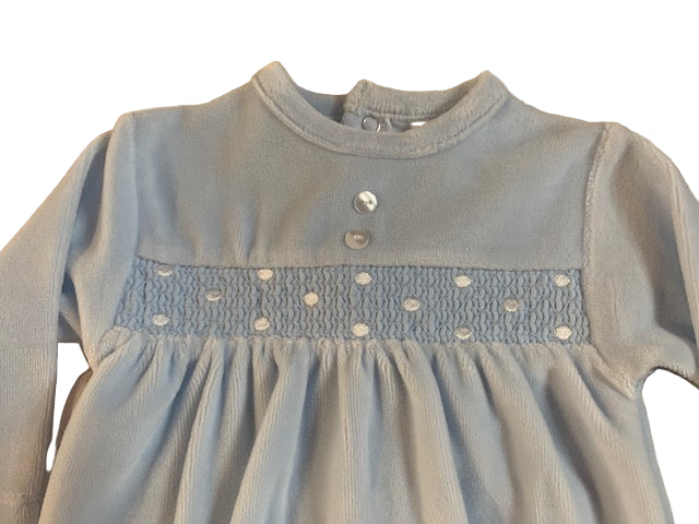 Pex Smocked Velour Sleepsuit Pale Blue
