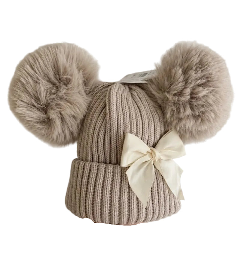 Nursery Time Girls Double Pom Bow Hat Taupe