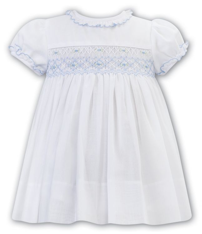 Sarah Louise Summer Voile Smocked Dress White With Blue 012603