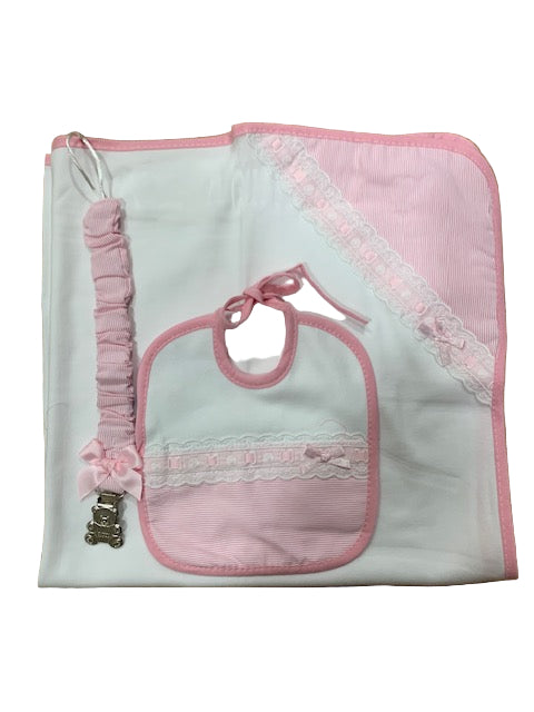 Sardon Cotton Blanket Bib And Dummy Set Pink 25BF-730