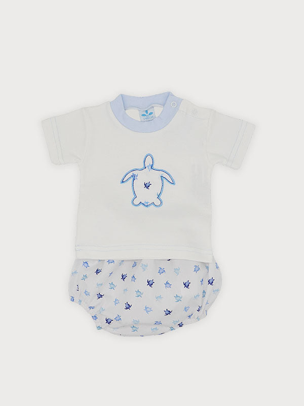 Baby outfit with turtle design on a white background