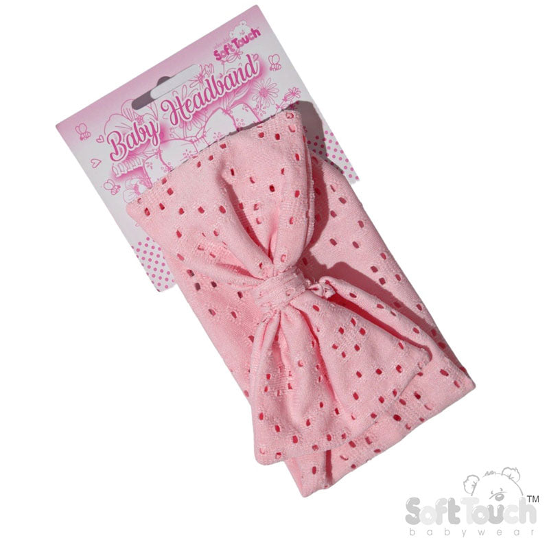 Soft Touch Pink Broderie Anglaise Bow Headband With Label