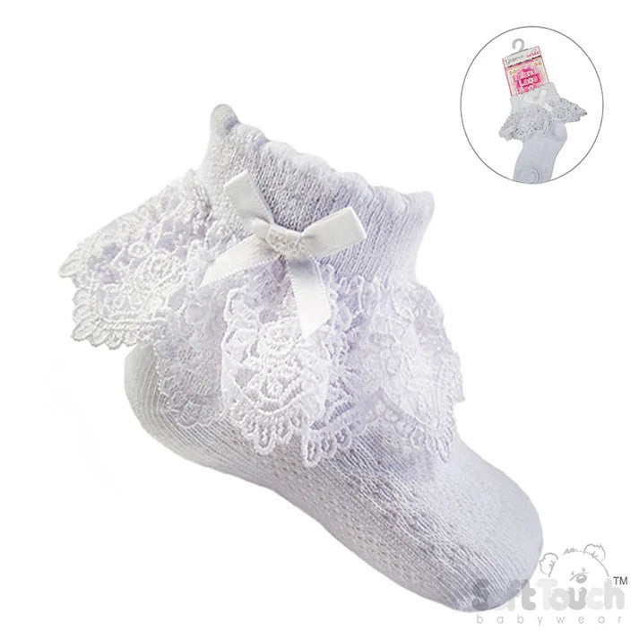 Soft Touch Rose Lace Ankle Socks White Bow