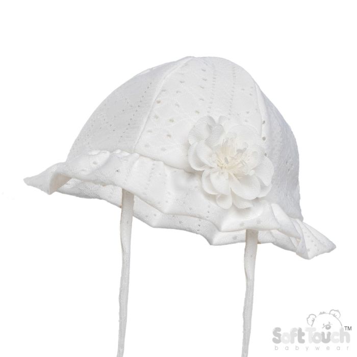 Soft Touch White Sunhat Embroidery Anglaise Hat With Flower- H80-W