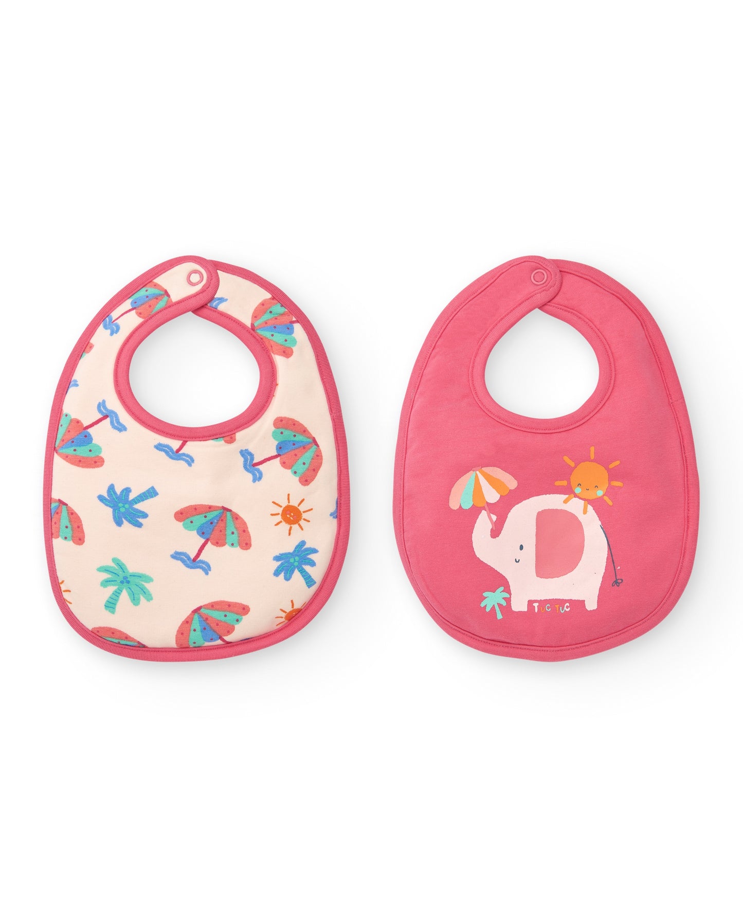 Two baby bibs with colorful designs on a white background
