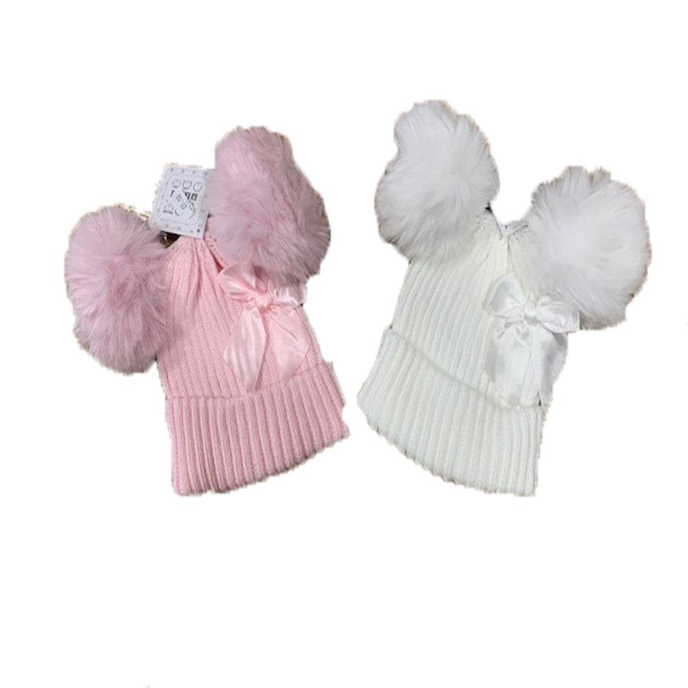 Nursery Time Baby Two Pom Pom Hat With Satin Bow