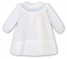 Sarah Louise Winter Dress Ivory With Pale Blue Smocking 012752