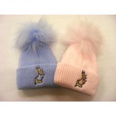 Baby Knitted Hat With Pom With Rabbit Embroidery
