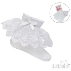 Soft Touch White Floral Lace Ankle Sock With Bow
