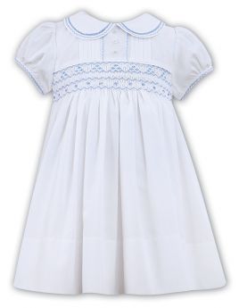 Sarah Louise Heritage Collection Summer Smocked Dress With Collar White With Blue C6001