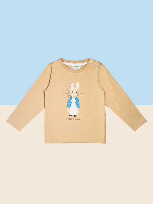 Peter Rabbit Children Top In Neutral On Blue And Beige Background