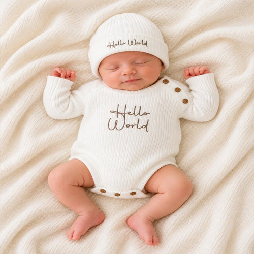 Dandelion Hello World White Knitted Romper And Hat A5569W
