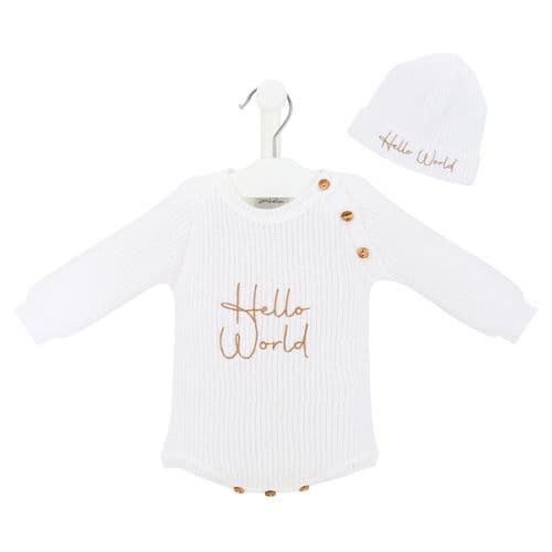 Dandelion Hello World White Knitted Romper And Hat A5569W