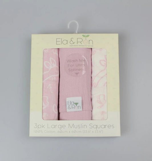 Packaging of Ela & Ren 3pk Large Muslin Squares with pink and white designs on a gray background