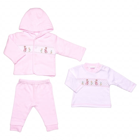 Pink baby outfit set with hoodie, pants, and shirt on a white background