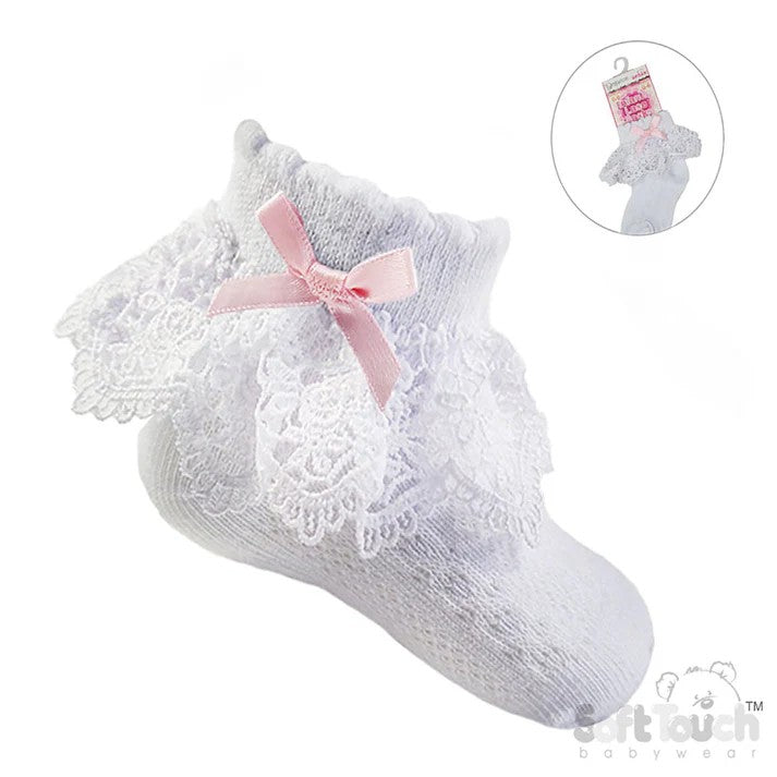 Soft Touch Rose Lace Ankle Socks Pink Bow S342-P