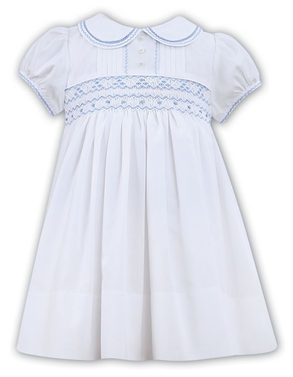 Sarah Louise Heritage Collection Summer Smocked Dress With Collar White With Blue C6001