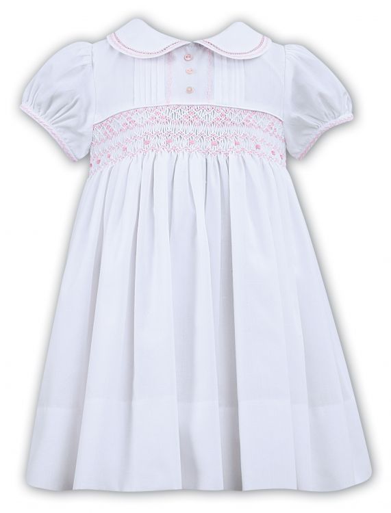 Sarah Louise Heritage Collection Summer Smocked Dress With Collar White With Pink C6001