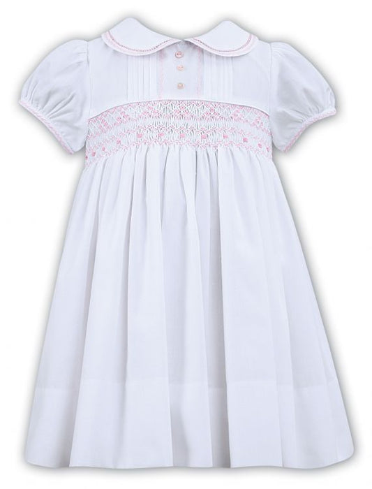 Sarah Louise Heritage Collection Summer Smocked Dress With Collar White With Pink C6001