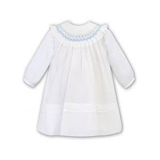Sarah Louise Winter Dress Ivory With Pale Blue Smocking 012752