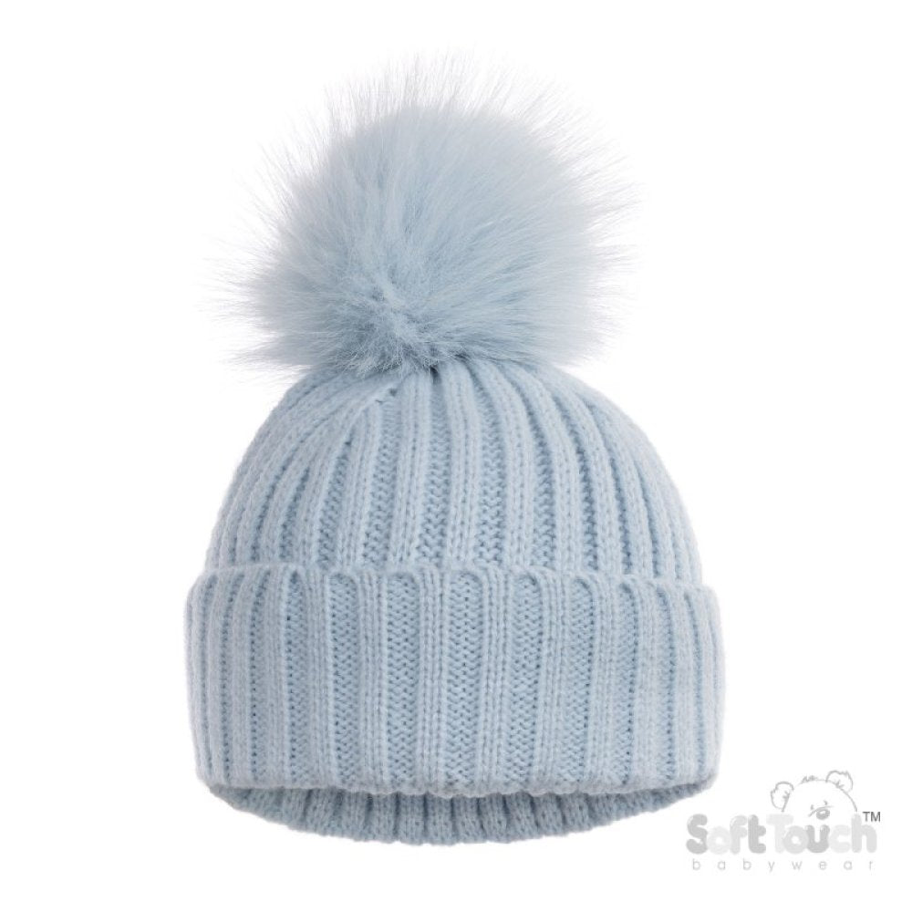 Soft Touch Ribbed Hat With Glitter Pom Blue