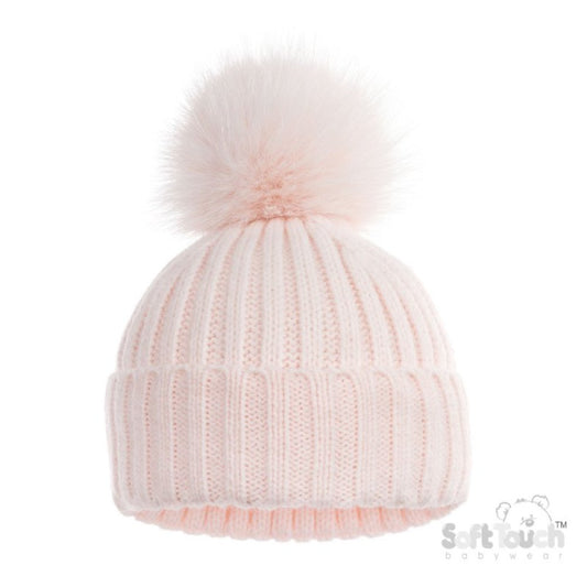 Soft Touch Ribbed Hat With Glitter Pom Pink