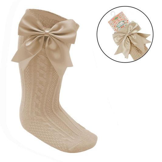 Soft Touch Satin Bow Knee High Socks Coffee