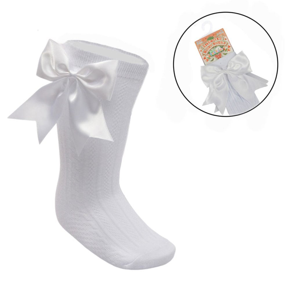 Soft Touch Satin Bow Knee High Socks White