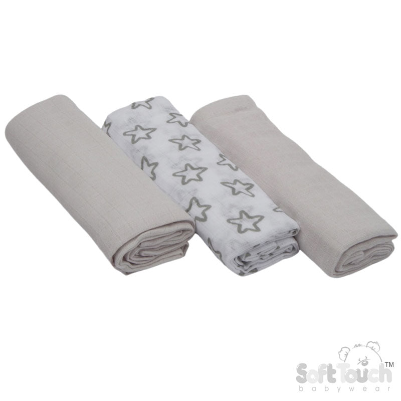 Soft Touch Super Soft Muslin Squares Three Pack Grey Out Of Bag