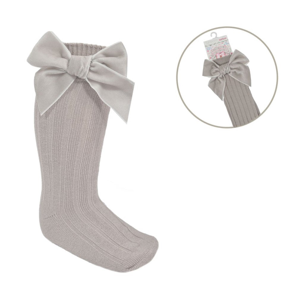 Soft Touch Velvet Bow Knee High Socks Biscuit