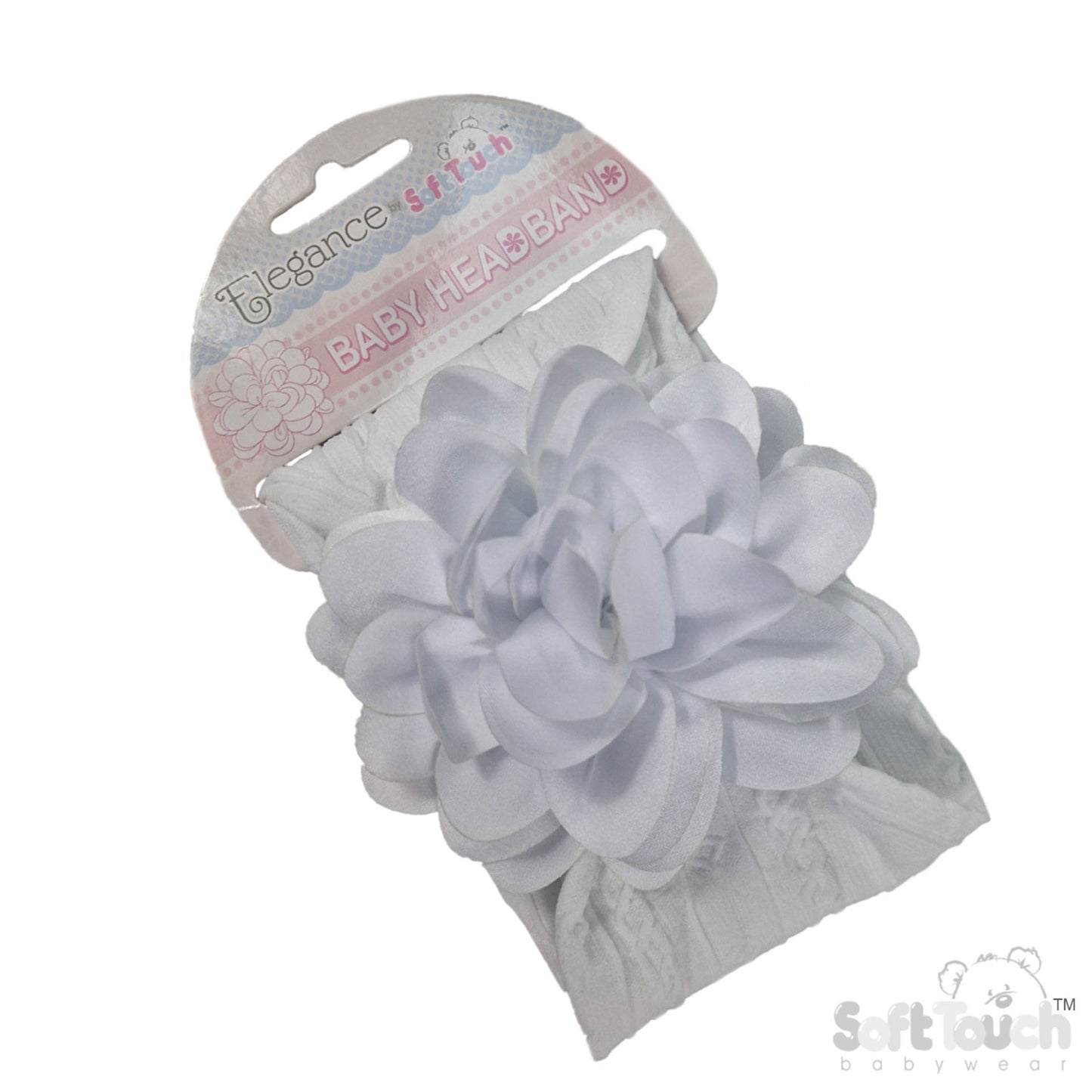 Soft Touch White Cable Headband With Large Flower With Label
