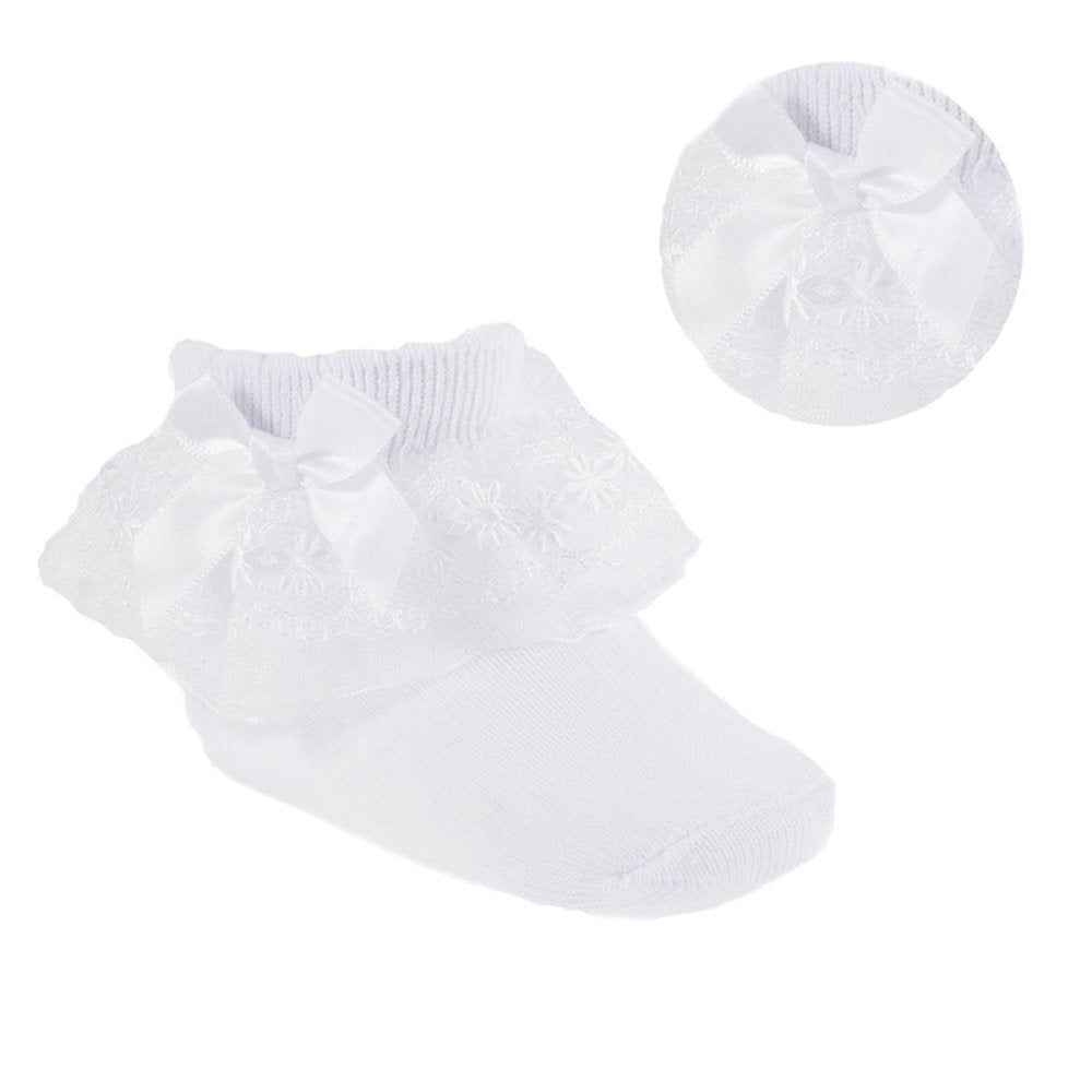 Soft Touch White Floral Ankle Socks With Bow S115-W