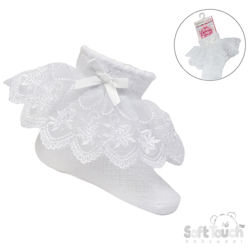 Soft Touch White Floral Lace Ankle Sock With Bow S346-W