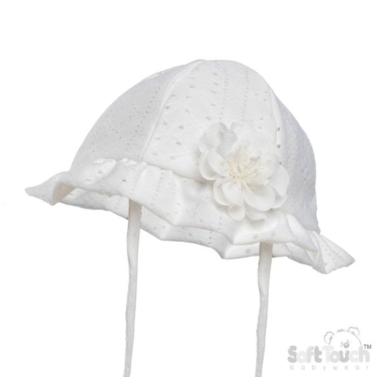 Soft Touch White Sunhat Embroidery Anglaise Hat With Flower- H80-W