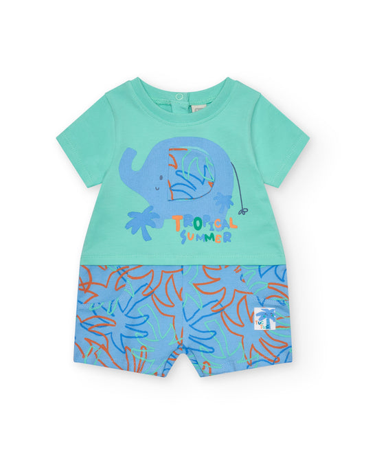 Children's outfit with teal shirt and blue shorts featuring elephant graphics on a white background
