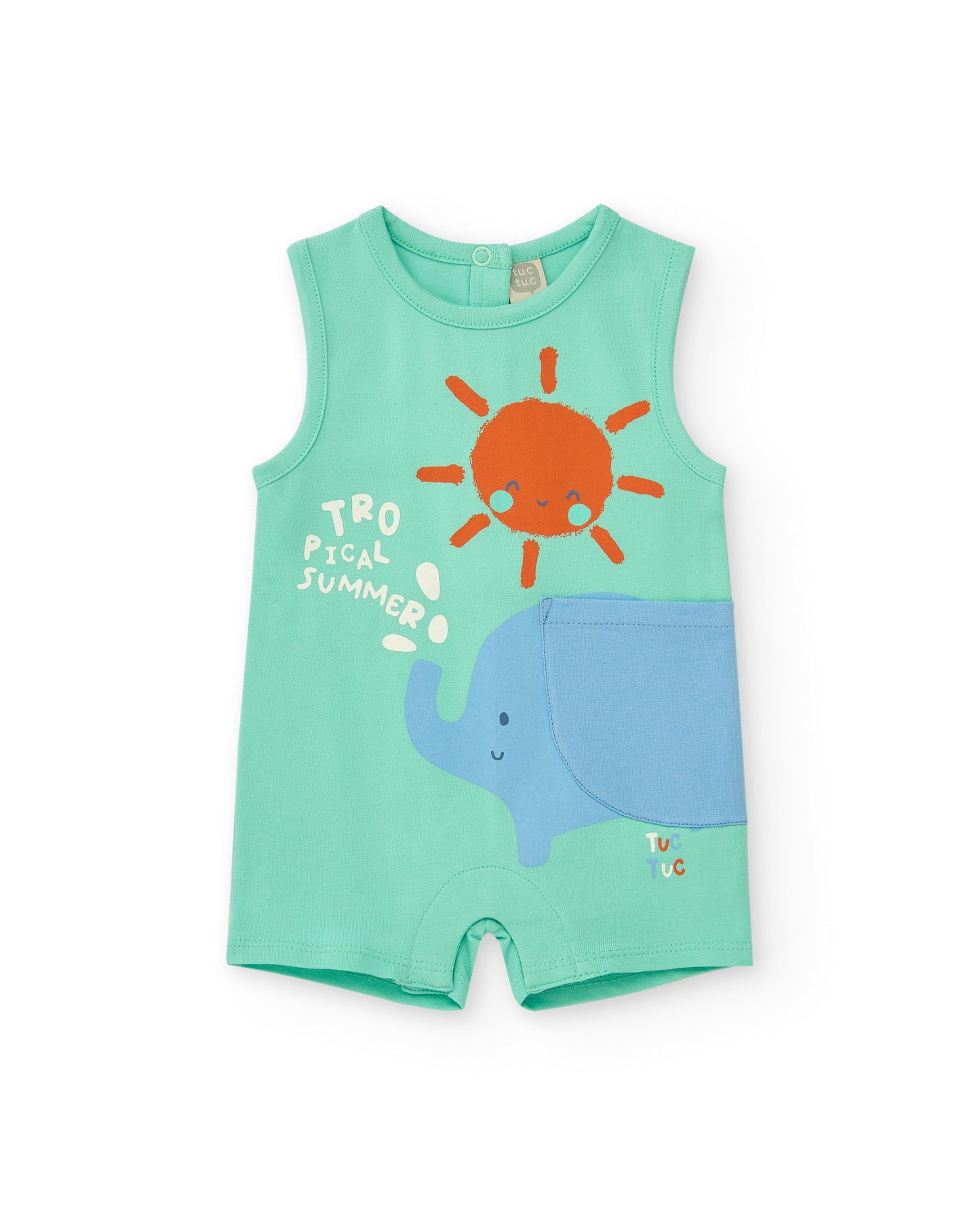 Children's sleeveless romper with sun and elephant design on a white background