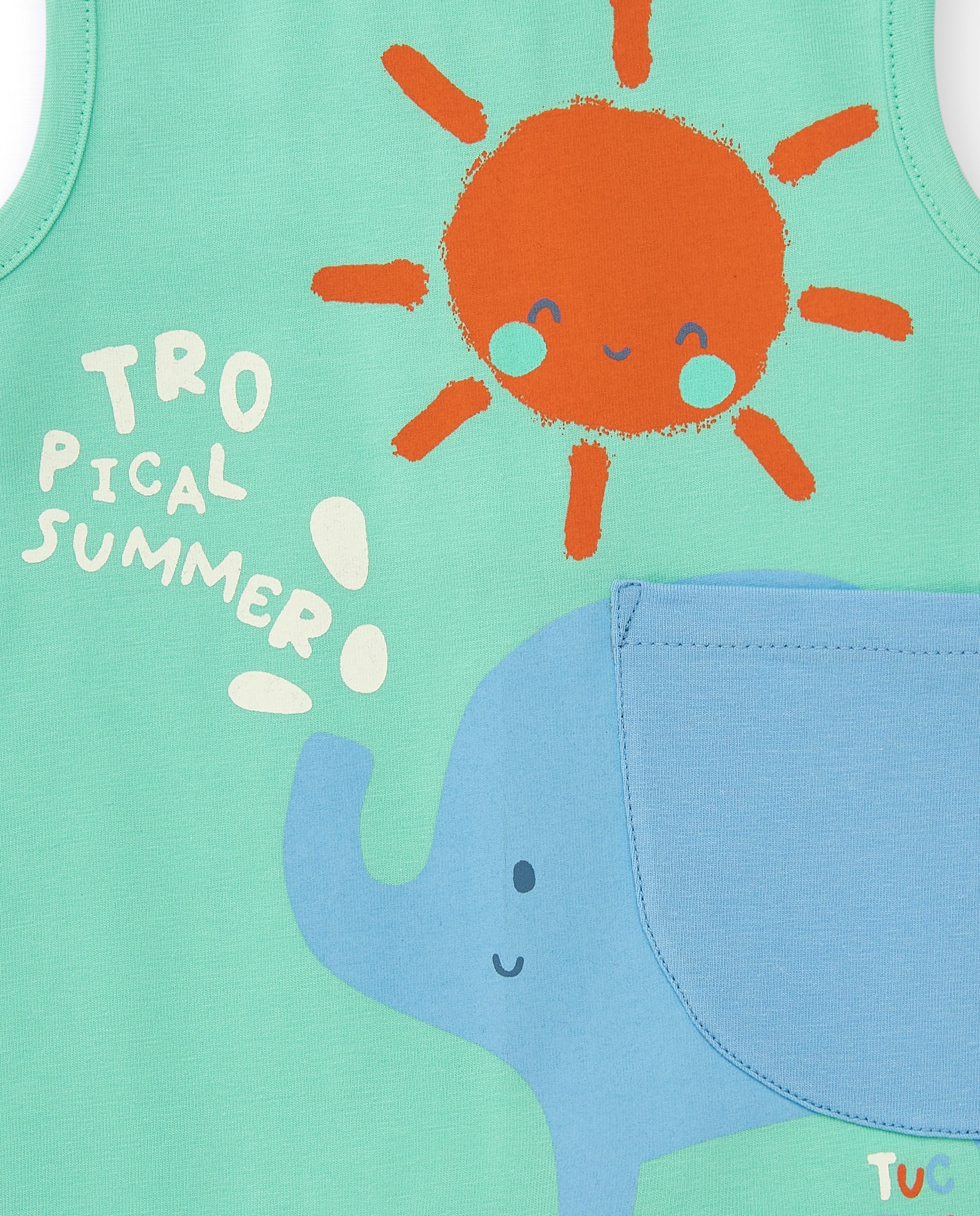 Children's sleeveless romper with a sun and elephant design on a teal background detail