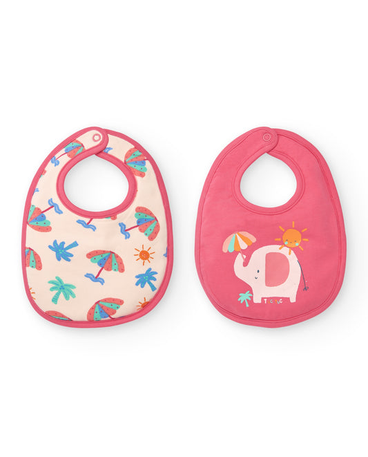 Two baby bibs with colorful designs on a white background