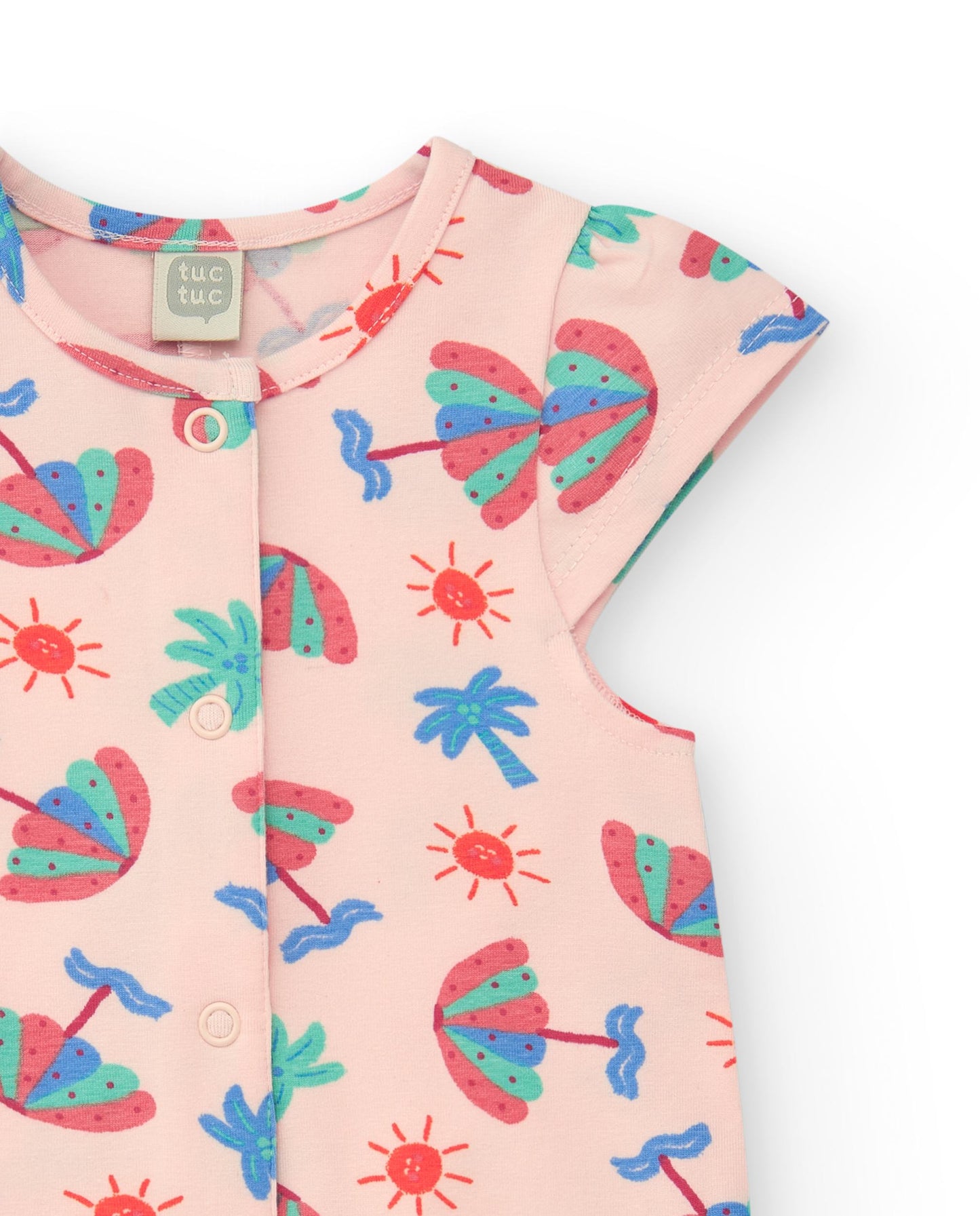 Baby romper with colorful umbrella pattern on a white background