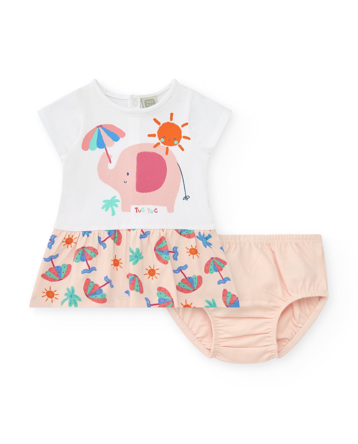 Children's outfit with a white top featuring an elephant and colorful sun design, paired with a pink skirt and bloomers on a white background.