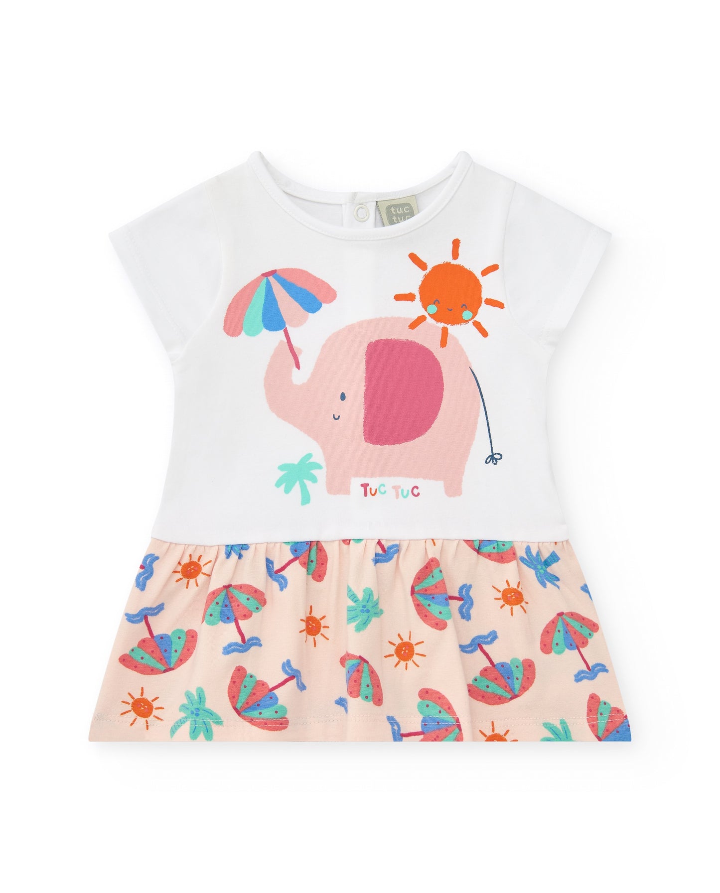 Children's dress with elephant design and colorful patterns on a white background