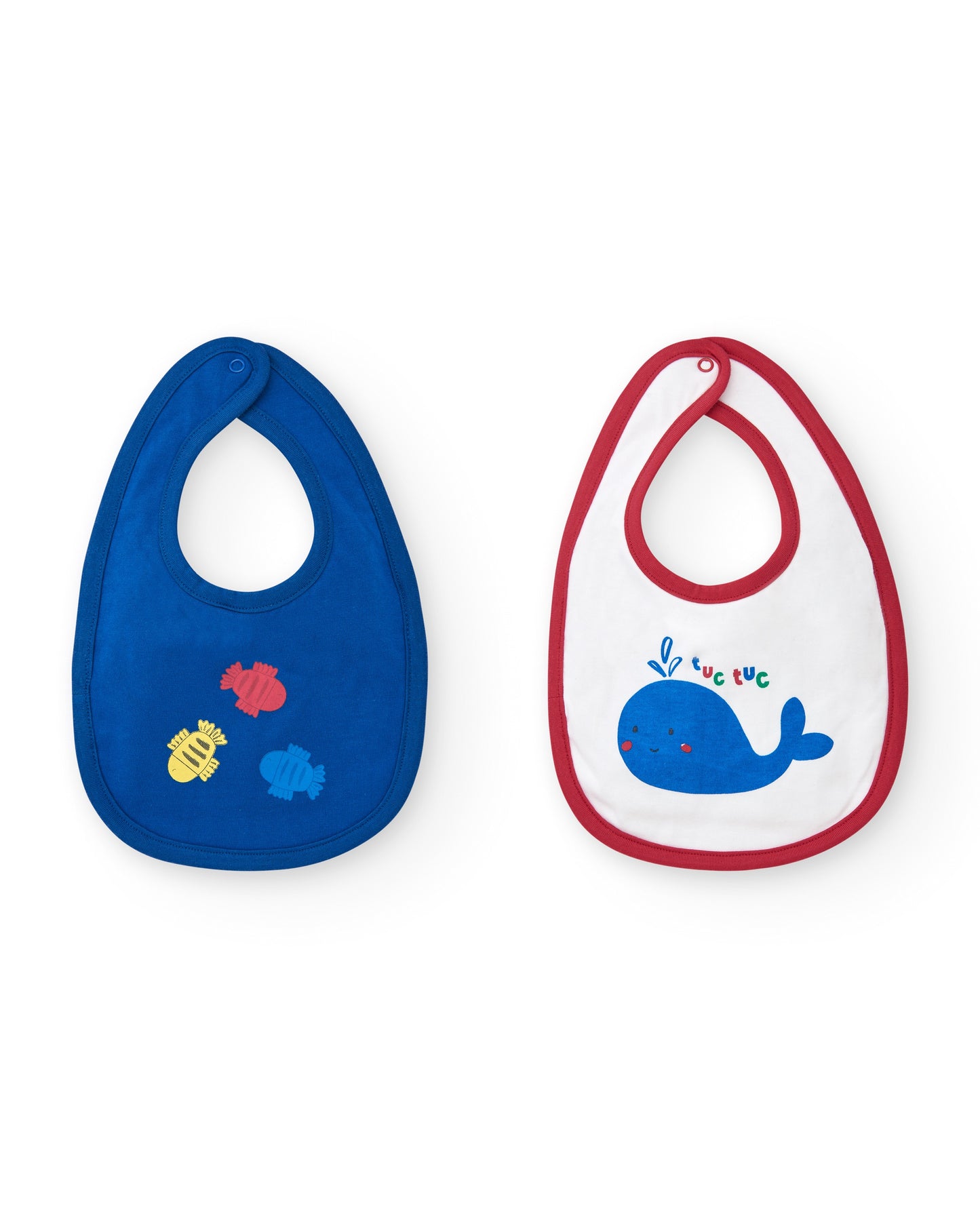 Two baby bibs with colorful designs on a white background