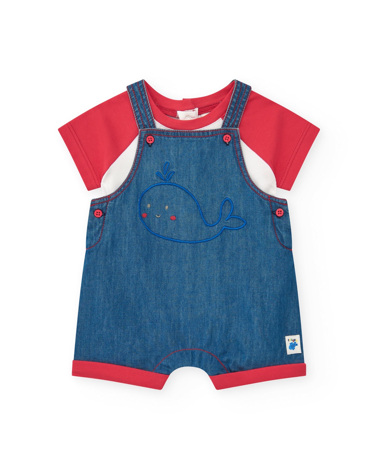 Children's outfit with denim overalls and red shirt on a white background
