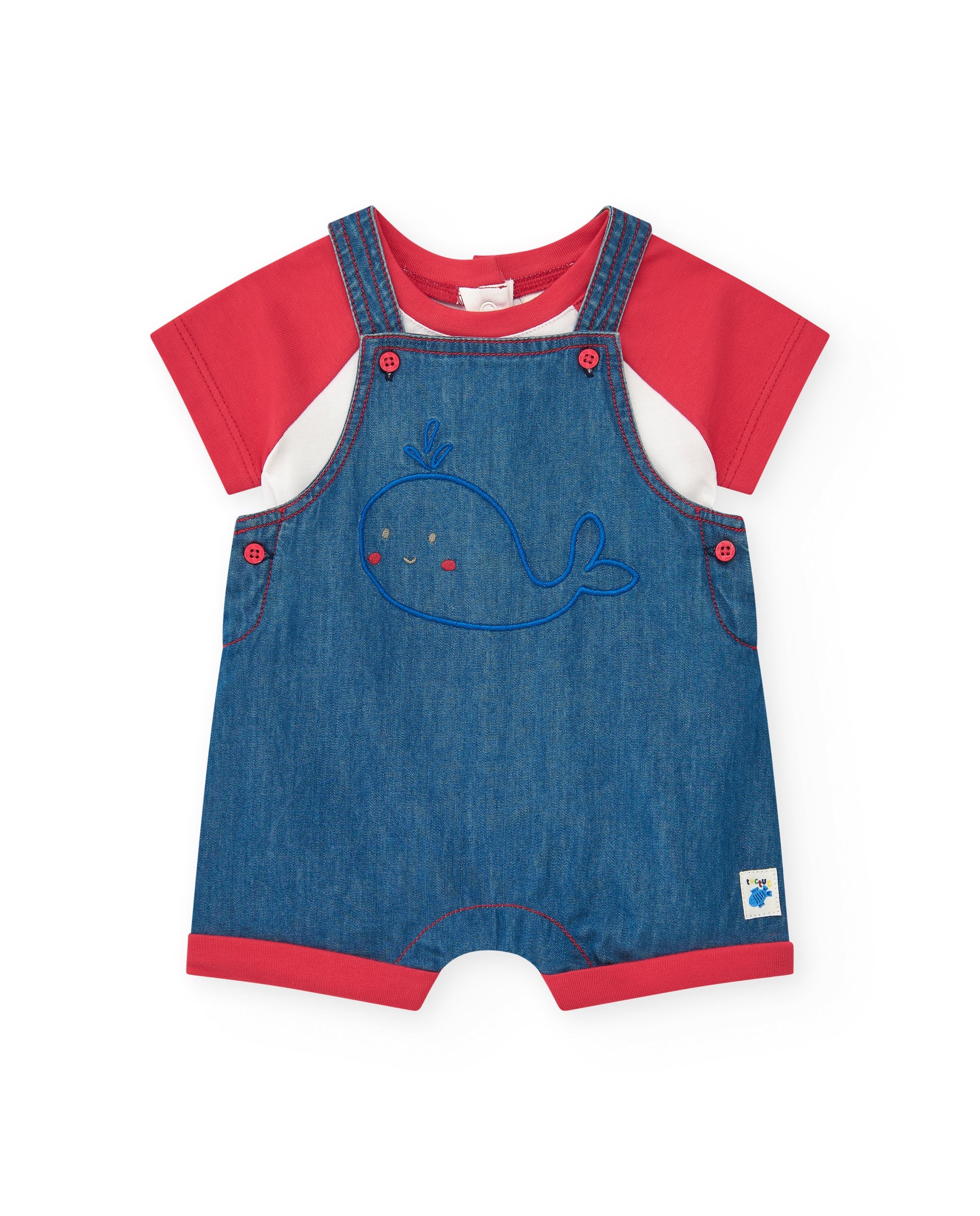 Children's outfit with denim overalls and red shirt on a white background