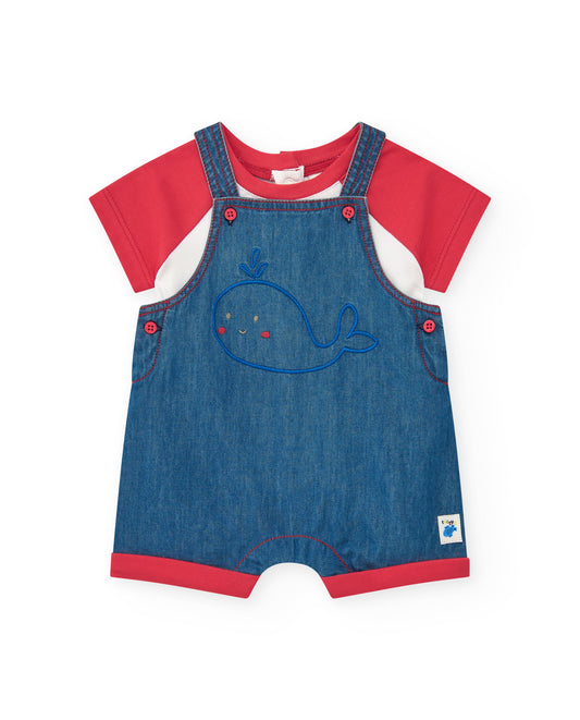 Children's outfit with denim overalls and red shirt on a white background