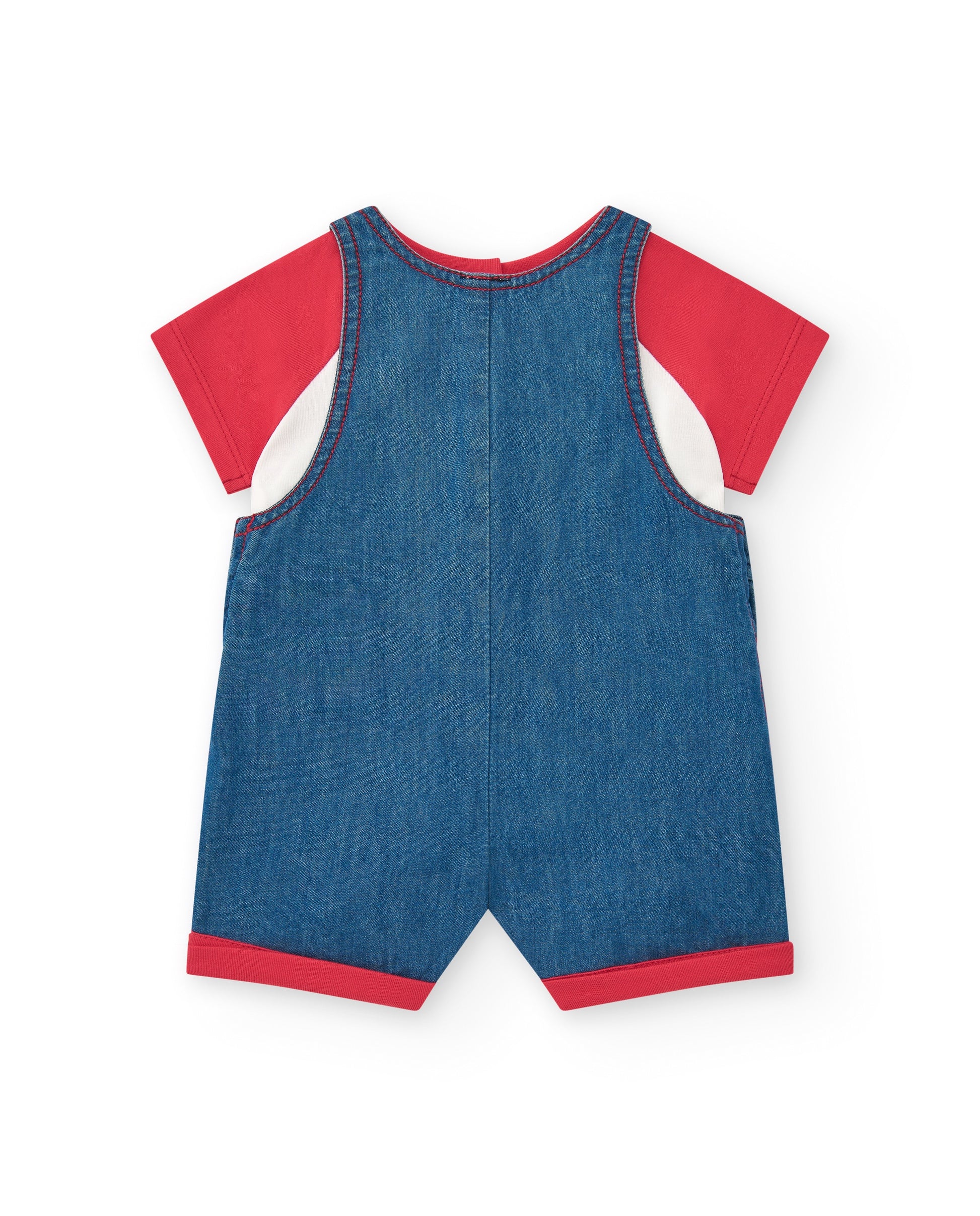 Blue denim dungarees with red sleeves t-shirt on a white background