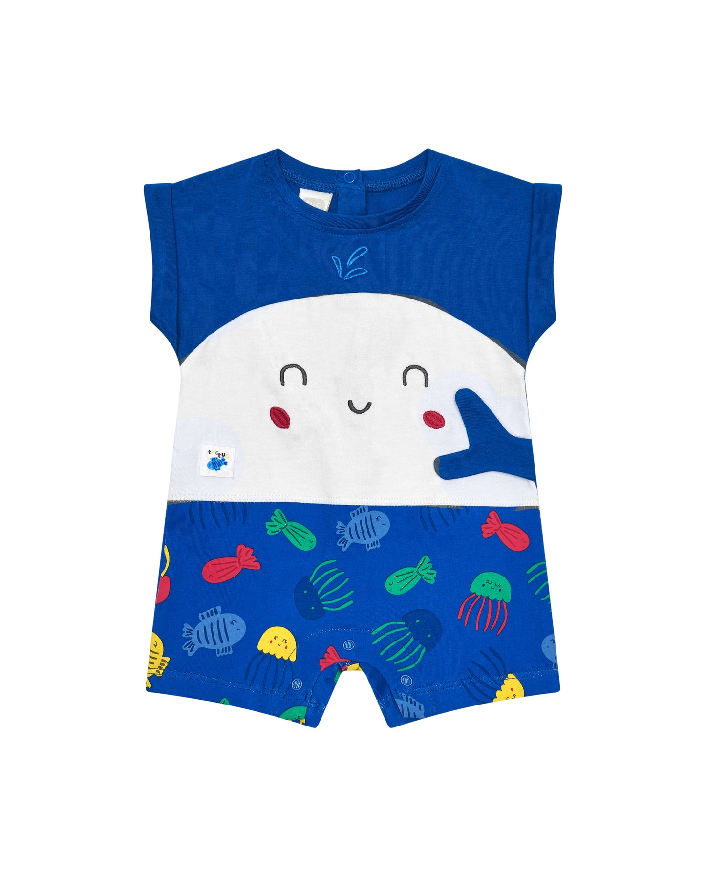 Children's sleeveless outfit with a blue top and colourful fish pattern on shorts, on a white background.